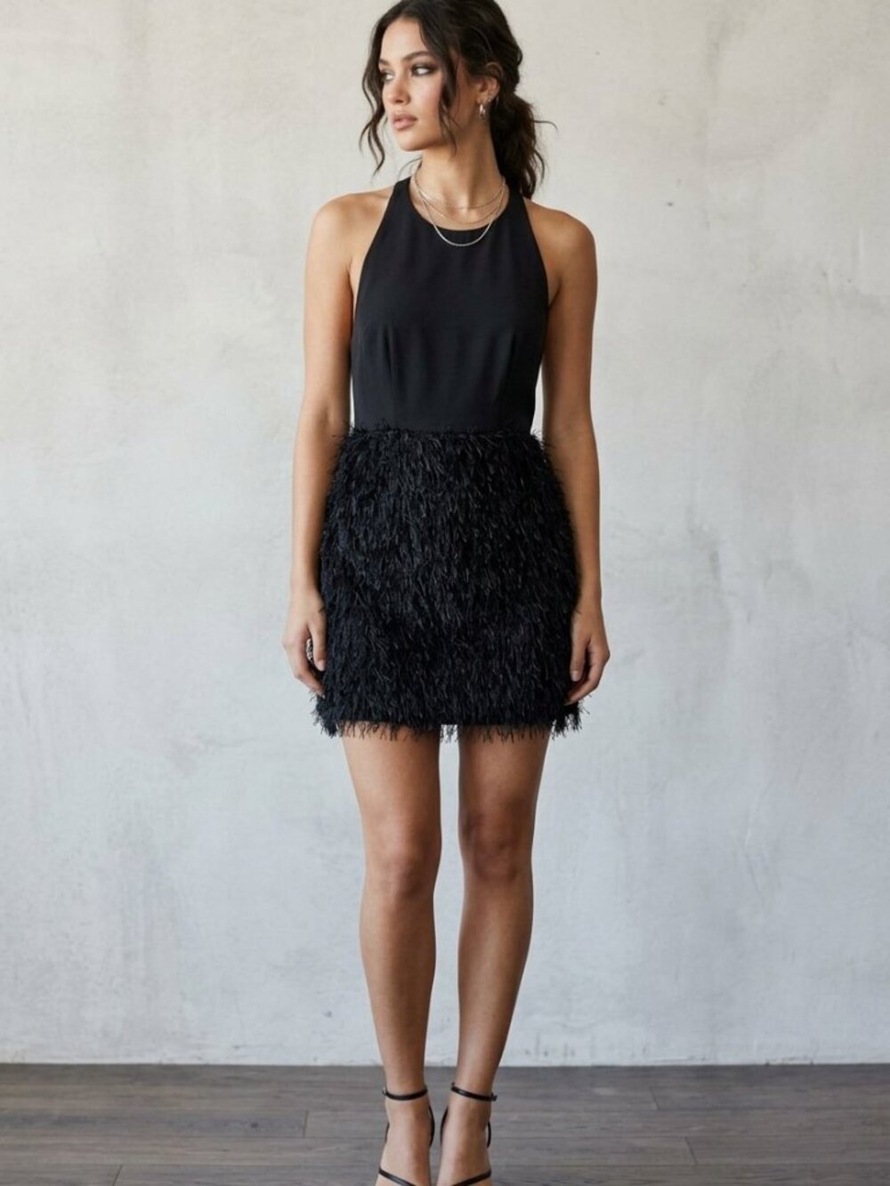 Fame and Partners Black Fringe Halter Mini Dress Criss-Cross Back | Size US 8